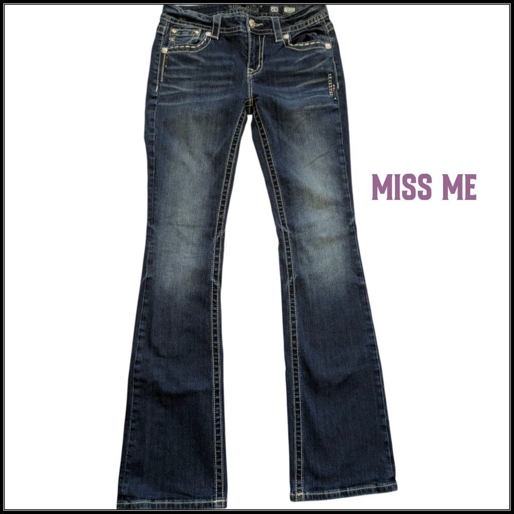 MISS ME Mid Rise Bootcut Denim Jeans Women's 28 Dark Wash Beaded Bling Pockets